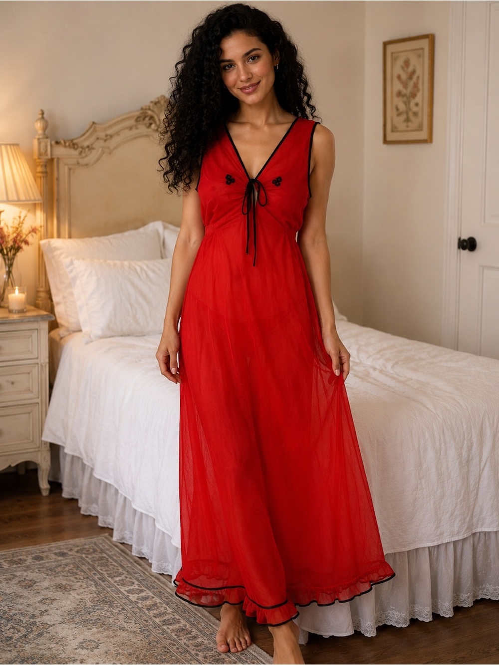 70s Red sheer vintage nightgown, no tags. Medium to Large Tie front ruffle trim